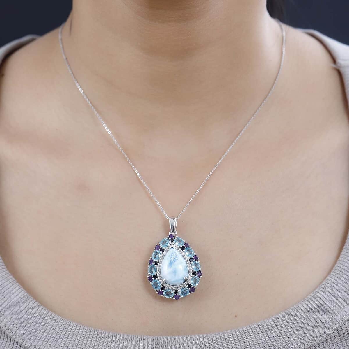Larimar and Multi Gemstone Cocktail Pendant Necklace 20 Inches in Platinum Over Sterling Silver 17.50 ctw image number 2
