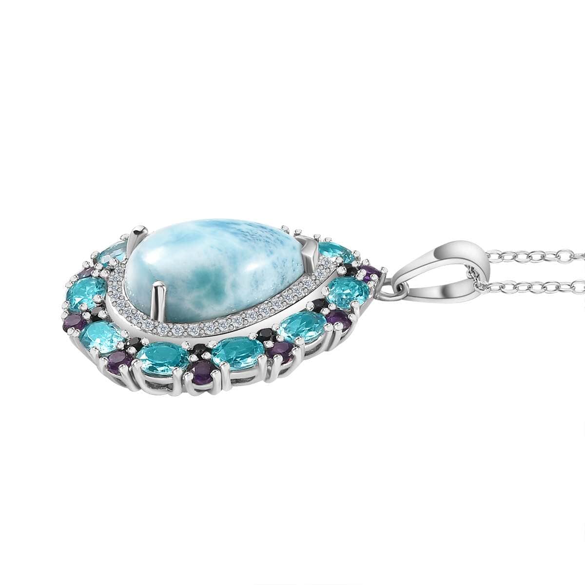 Larimar and Multi Gemstone Cocktail Pendant Necklace 20 Inches in Platinum Over Sterling Silver 17.50 ctw image number 3