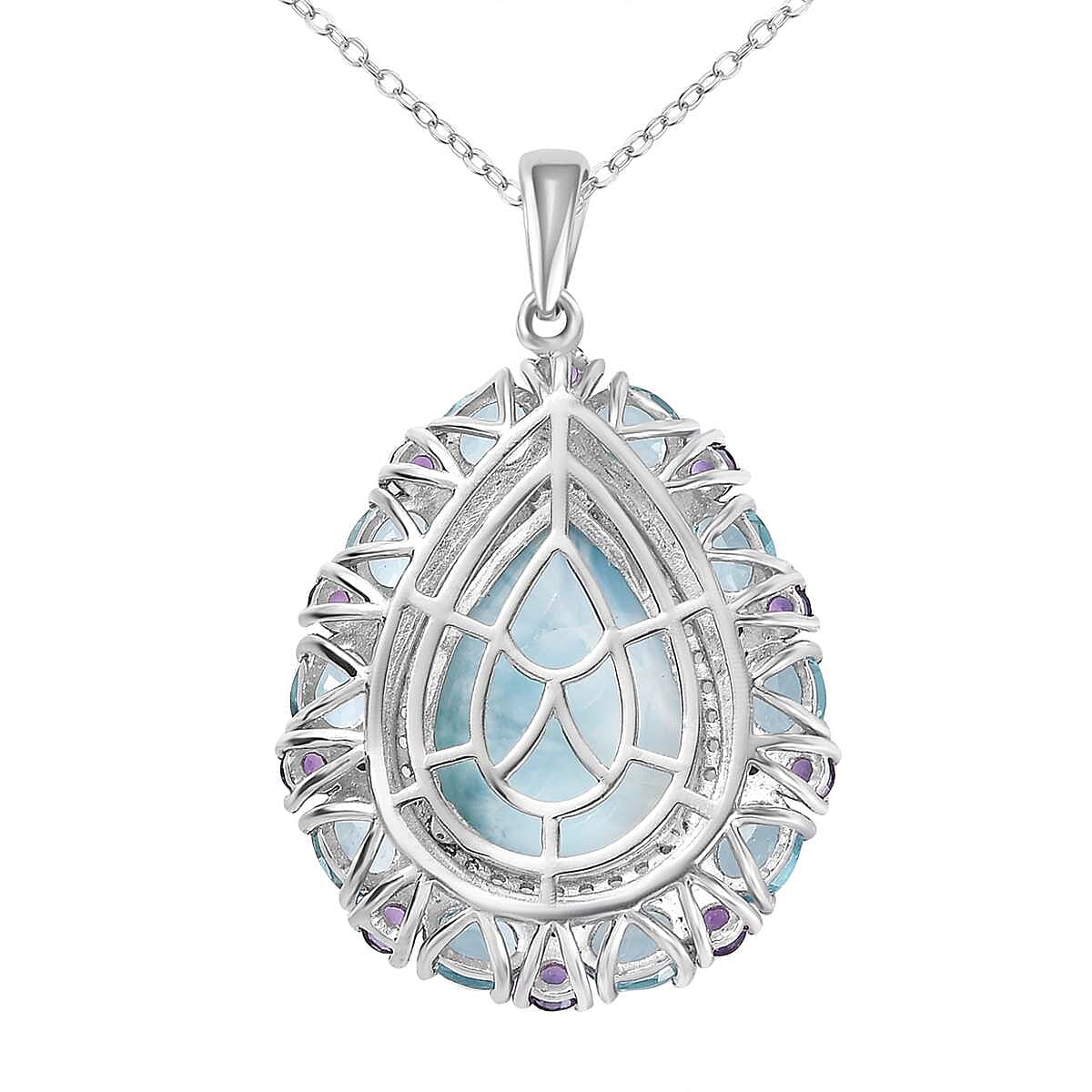 Larimar and Multi Gemstone 17.50 ctw Cocktail Pendant Necklace in Platinum Over Sterling Silver 20 Inches