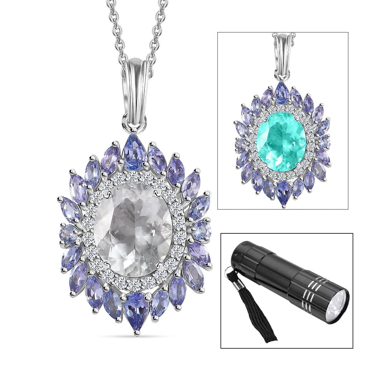Mexican Hyalite Opal and Multi Gemstone Floral Pendant Necklace 20 Inches in Platinum Over Sterling Silver with Free UV Flash Light 4.90 ctw image number 0