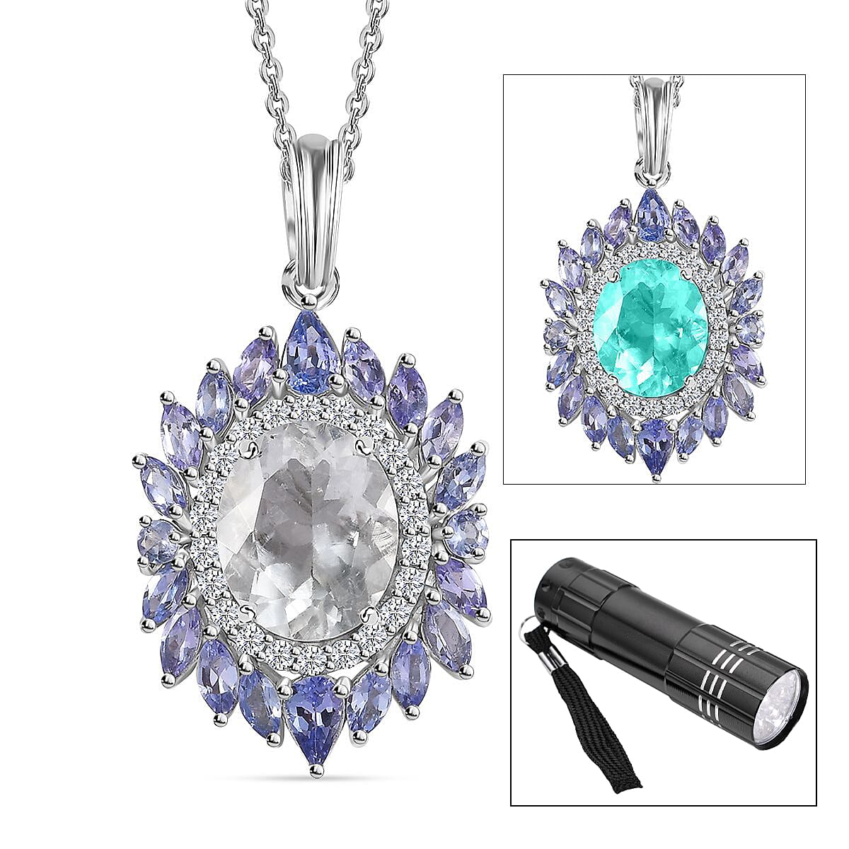 Mexican Hyalite Opal and Multi Gemstone Floral Pendant Necklace 20 Inches in Platinum Over Sterling Silver with Free UV Flash Light 4.90 ctw image number 0