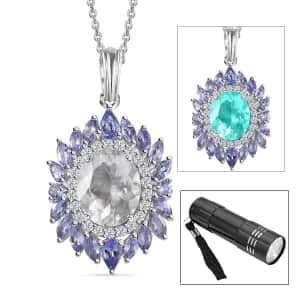 Mexican Hyalite Opal and Multi Gemstone Floral Pendant Necklace 20 Inches in Platinum Over Sterling Silver with Free UV Flash Light 4.90 ctw