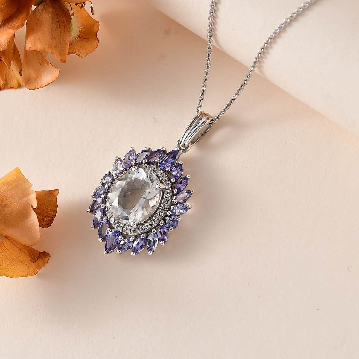 Mexican Hyalite Opal and Multi Gemstone Floral Pendant Necklace 20 Inches in Platinum Over Sterling Silver with Free UV Flash Light 4.90 ctw image number 1
