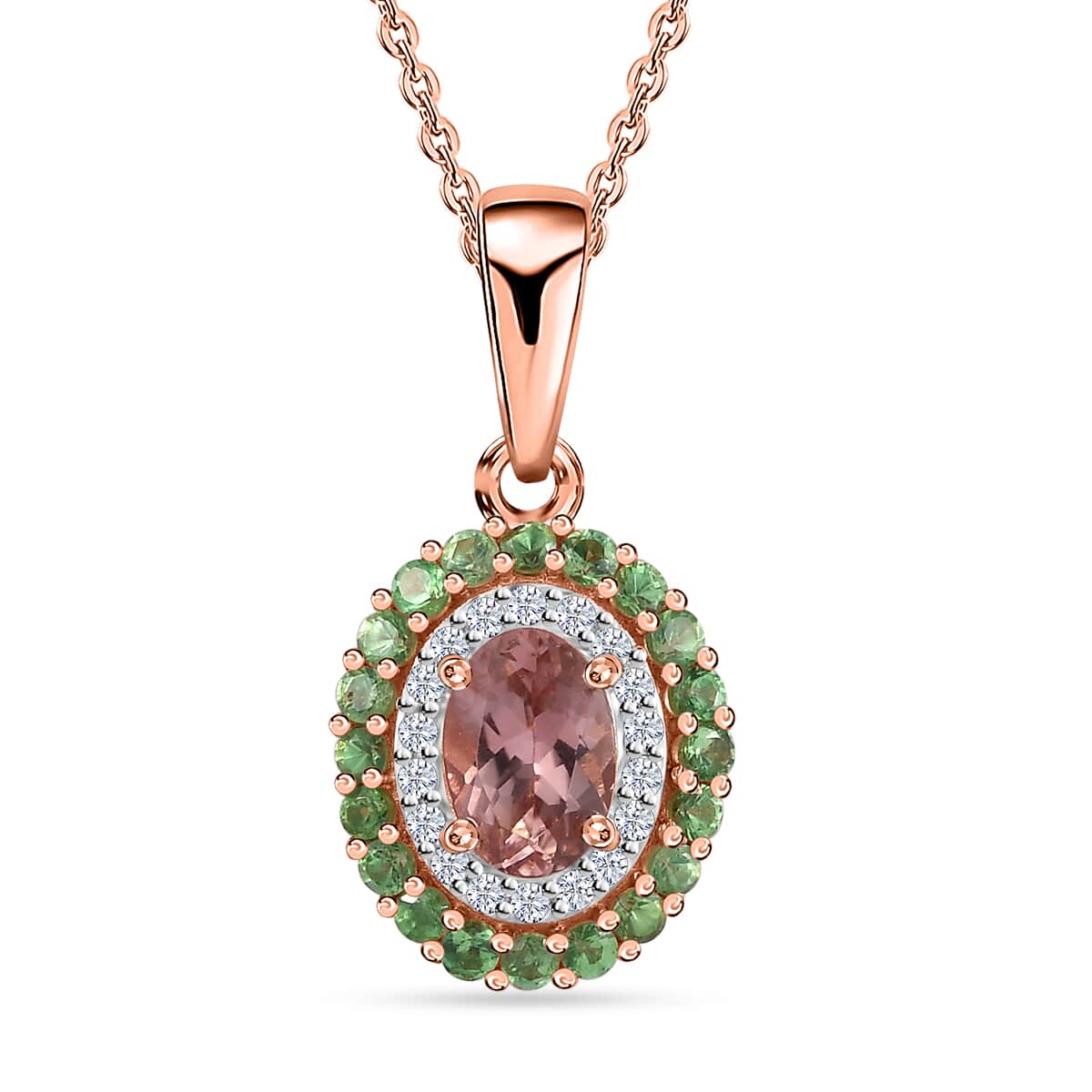Premium Blush Tourmaline, Multi Gemstone Double Halo Pendant Necklace (20 Inches) in Vermeil RG Over Sterling Silver image number 0