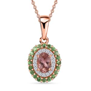Premium Blush Tourmaline, Multi Gemstone Double Halo Pendant Necklace (20 Inches) in Vermeil RG Over Sterling Silver