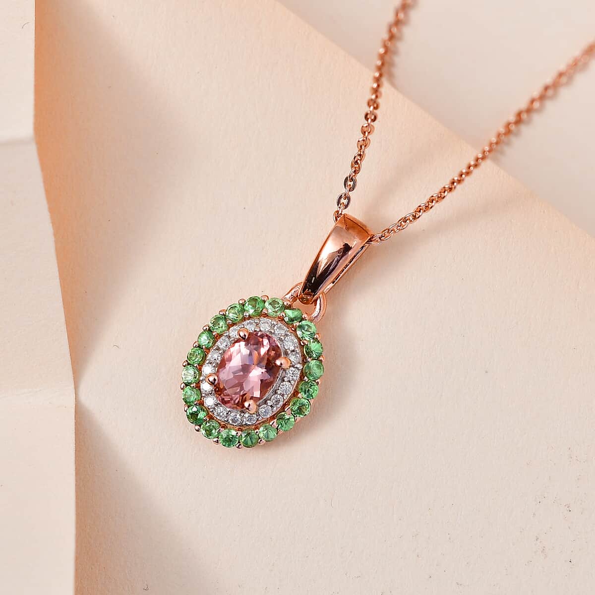 Premium Blush Tourmaline, Multi Gemstone Double Halo Pendant Necklace (20 Inches) in Vermeil RG Over Sterling Silver image number 1