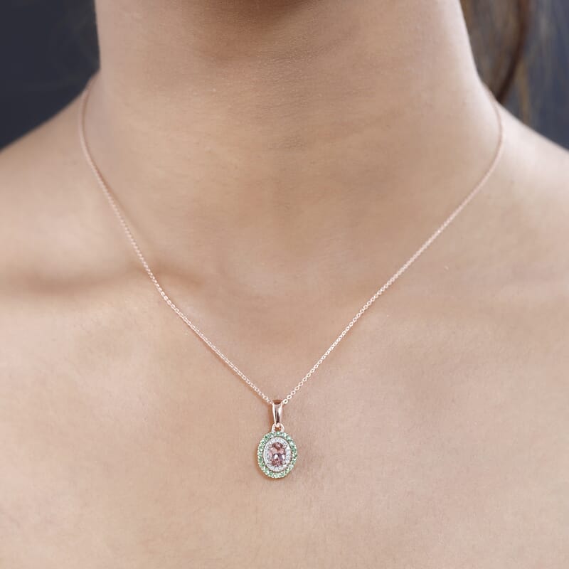 Premium Blush Tourmaline, Multi Gemstone Double Halo Pendant Necklace (20 Inches) in Vermeil RG Over Sterling Silver