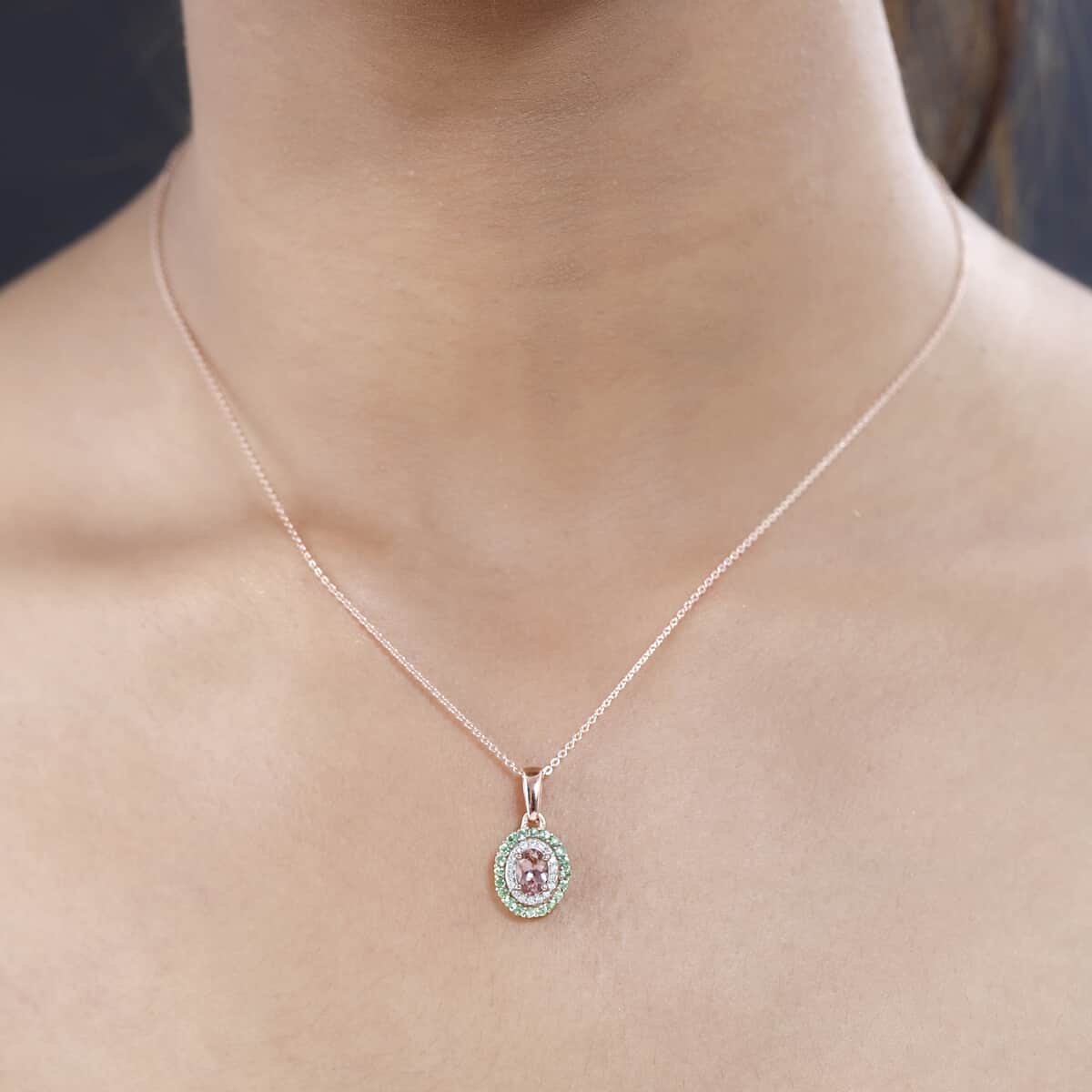 Premium Blush Tourmaline, Multi Gemstone Double Halo Pendant Necklace (20 Inches) in Vermeil RG Over Sterling Silver image number 2