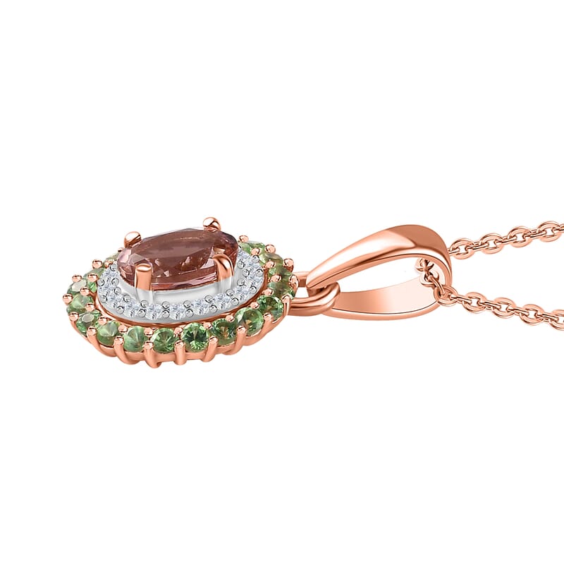 Premium Blush Tourmaline, Multi Gemstone Double Halo Pendant Necklace (20 Inches) in Vermeil RG Over Sterling Silver