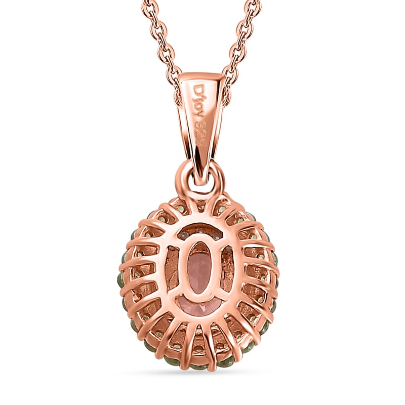 Premium Blush Tourmaline, Multi Gemstone Double Halo Pendant Necklace (20 Inches) in Vermeil RG Over Sterling Silver