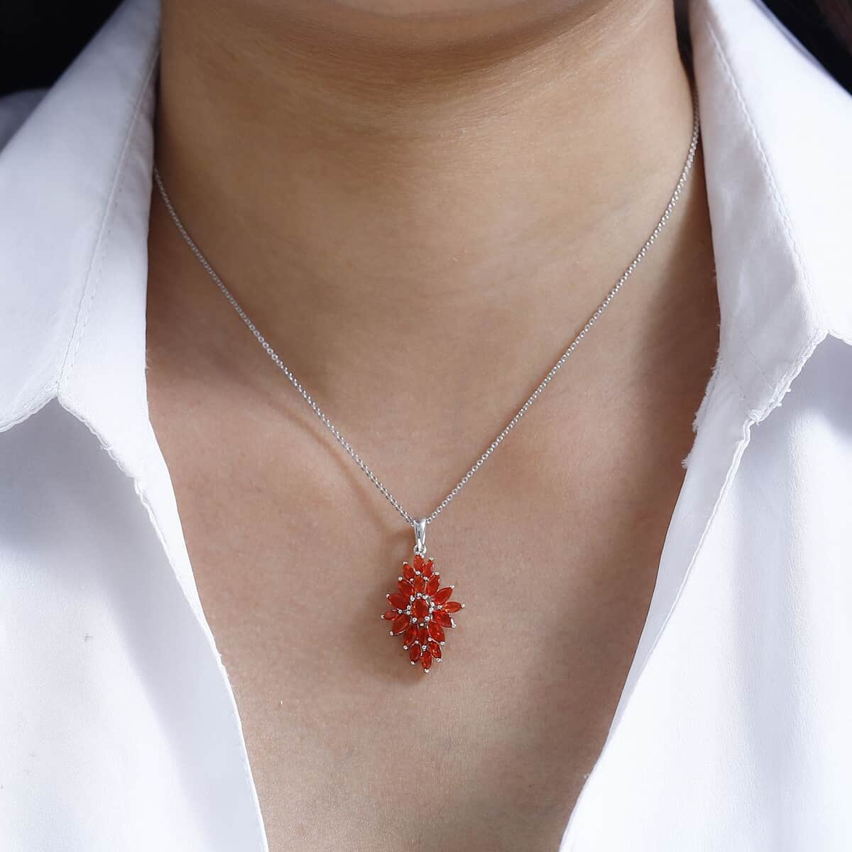 Crimson Fire Opal Elongated Pendant Necklace (20 Inches) in Platinum Over Sterling Silver image number 2