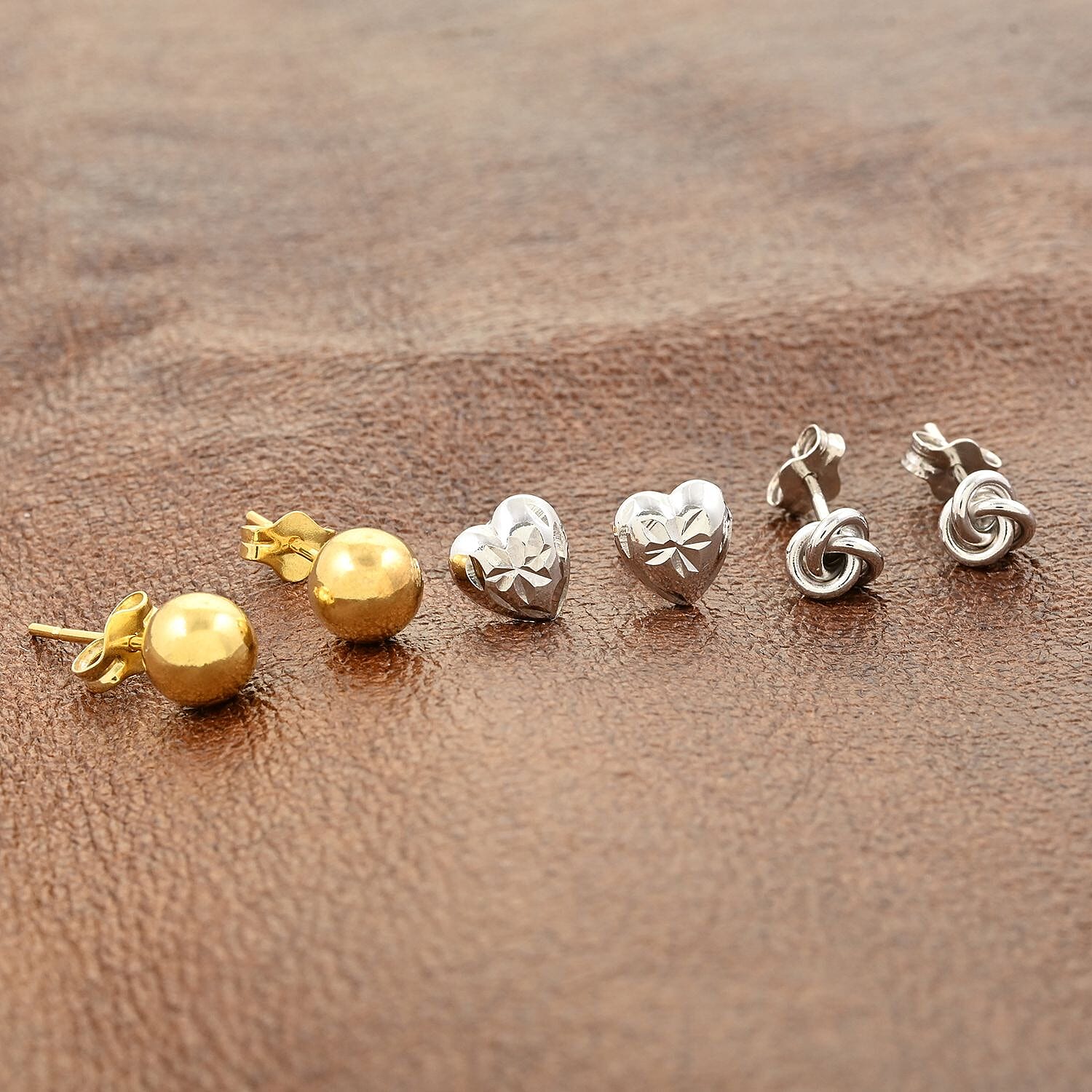 Set of 3 Rhodium and 14K YG Over Sterling Silver Heart, Knot and Ball Stud Earrings 2.20 Grams