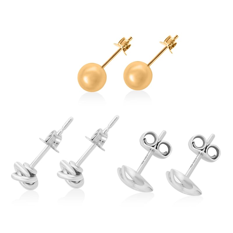 Set of 3 Rhodium and 14K YG Over Sterling Silver Heart, Knot and Ball Stud Earrings 2.20 Grams