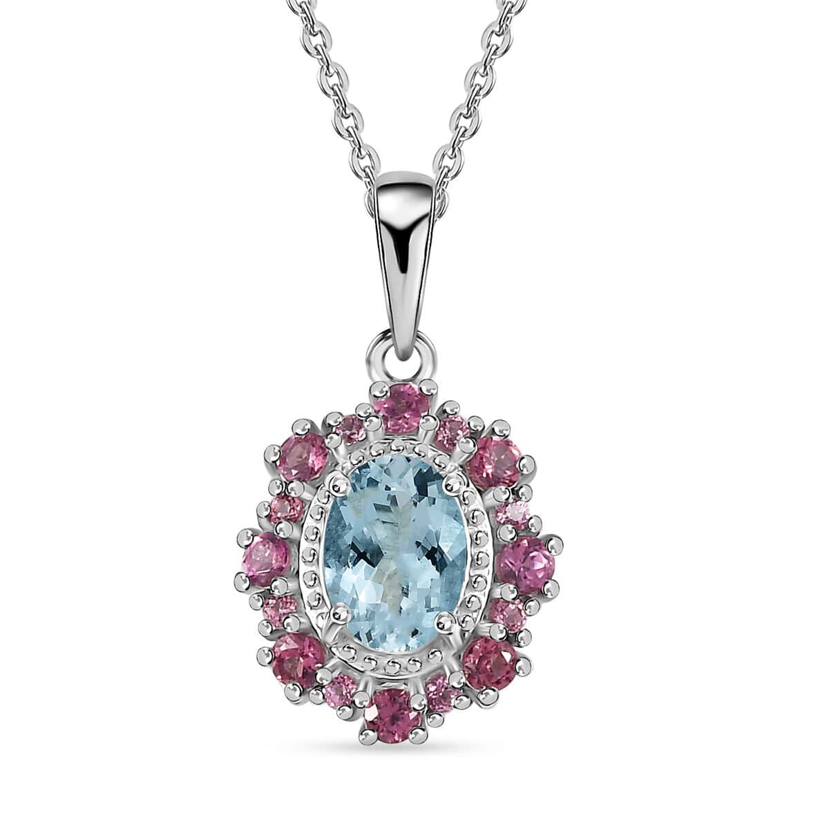 Premium Mangoro Aquamarine, Lotus Garnet Halo Pendant Necklace (20 Inches) in Platinum Over Sterling Silver image number 0