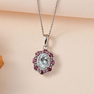 Premium Mangoro Aquamarine, Lotus Garnet Halo Pendant Necklace (20 Inches) in Platinum Over Sterling Silver