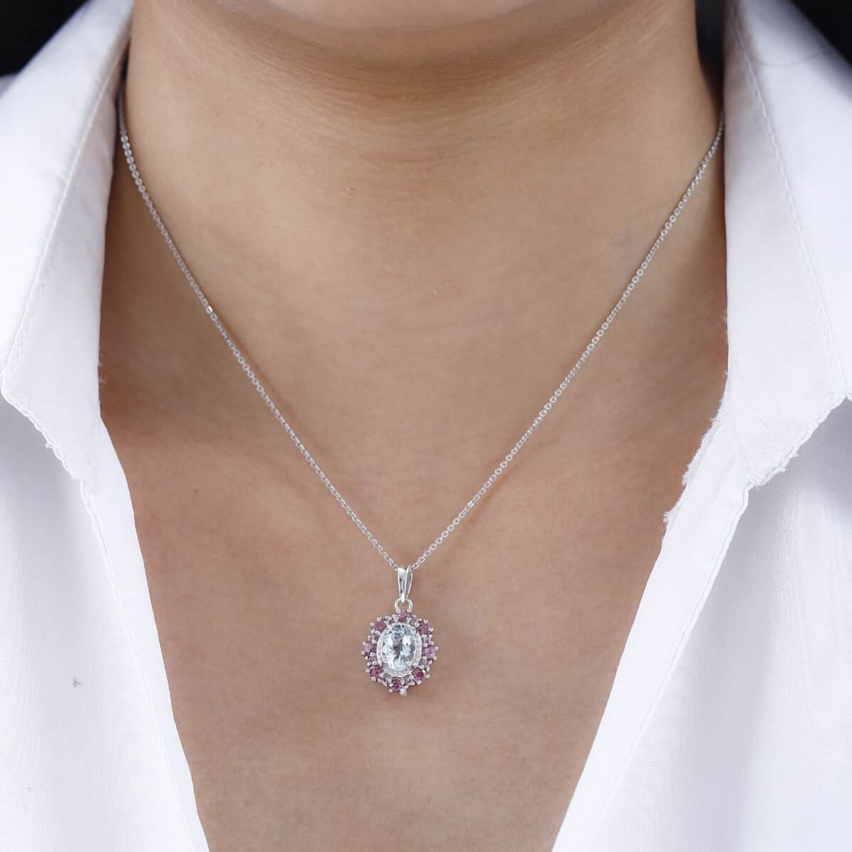 Premium Mangoro Aquamarine, Lotus Garnet Halo Pendant Necklace (20 Inches) in Platinum Over Sterling Silver image number 2
