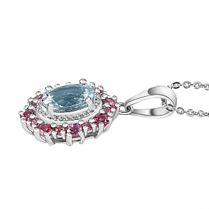Premium Mangoro Aquamarine, Lotus Garnet Halo Pendant Necklace (20 Inches) in Platinum Over Sterling Silver