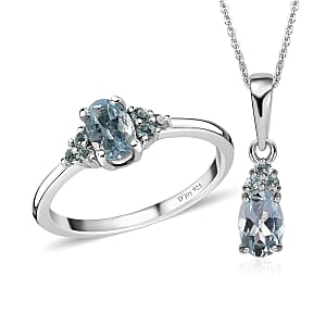 Premium Mangoro Aquamarine and Betroka Blue Apatite Ring (Size 7.0) and Pendant Necklace 20 Inches in Platinum Over Sterling Silver 1.00 ctw