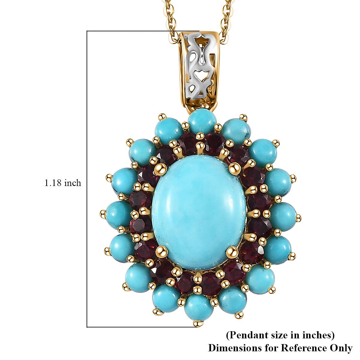 Sleeping Beauty Turquoise, Anthill Garnet Floral Pendant Necklace (20 Inches) in Platinum Over and Vermeil YG Over Sterling Silver