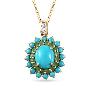 Sleeping Beauty Turquoise, Kagem Zambian Emerald Floral Pendant Necklace (20 Inches) in Platinum Over and Vermeil YG Over Sterling Silver