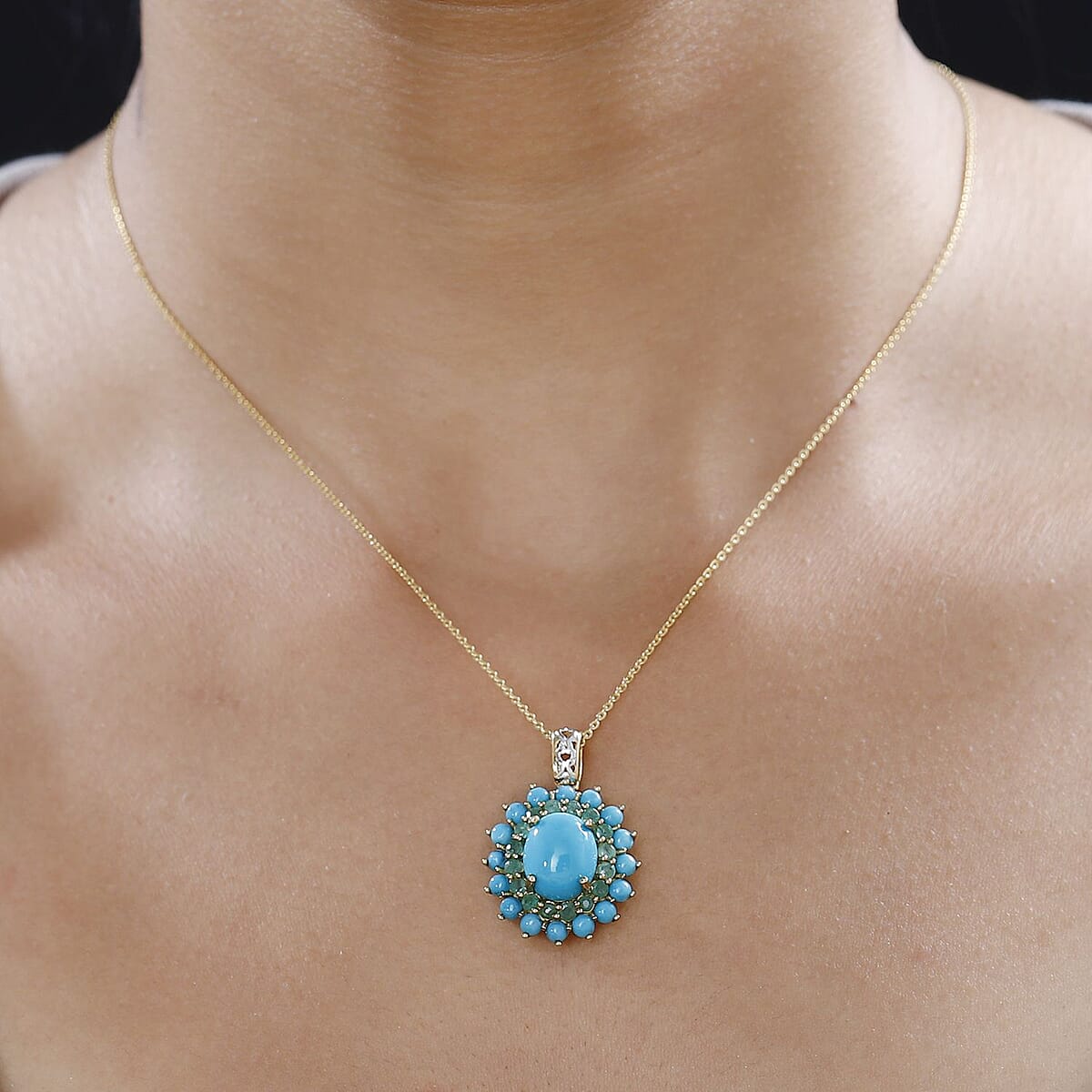 Sleeping Beauty Turquoise, Kagem Zambian Emerald Floral Pendant Necklace (20 Inches) in Platinum Over and Vermeil YG Over Sterling Silver image number 2