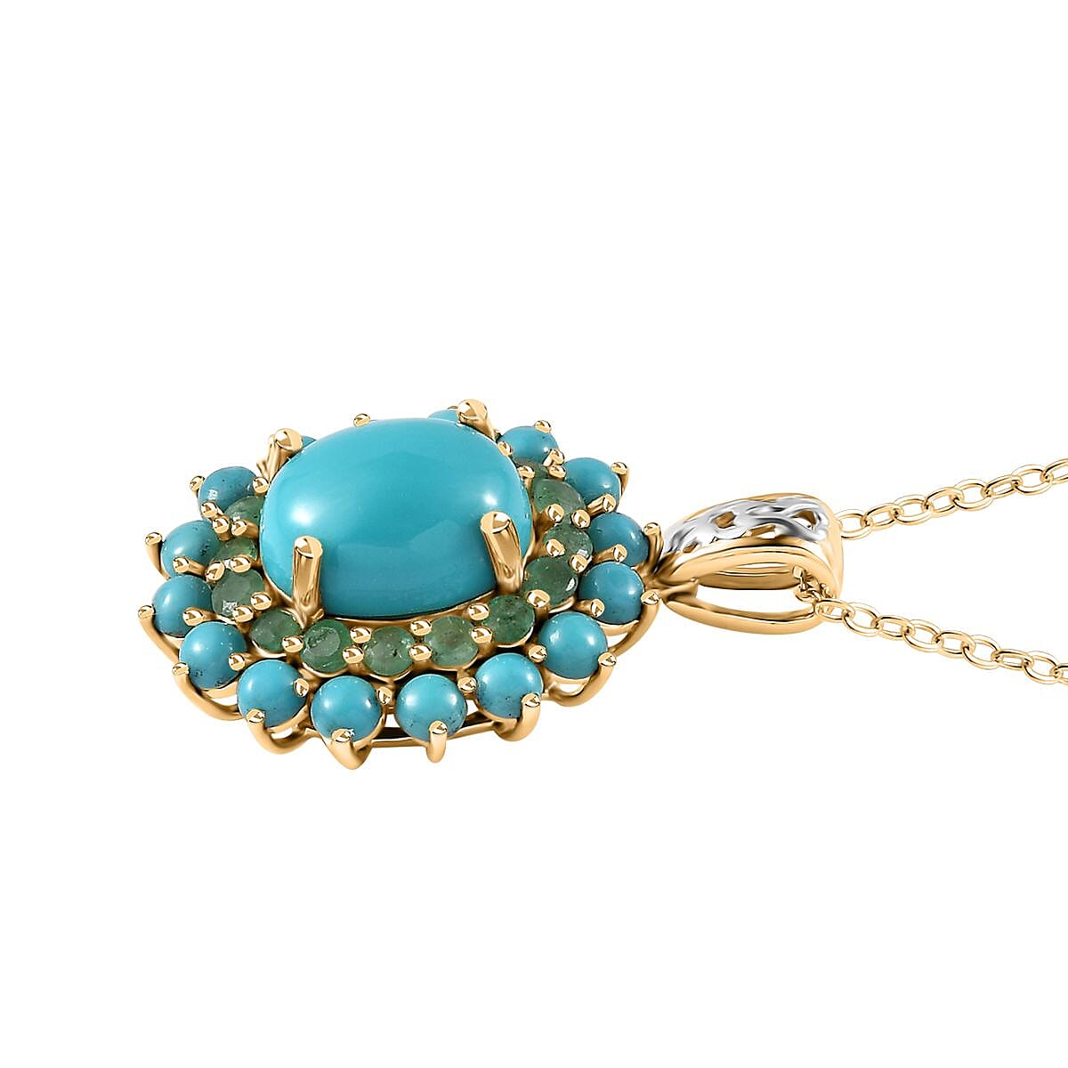 Sleeping Beauty Turquoise, Kagem Zambian Emerald Floral Pendant Necklace (20 Inches) in Platinum Over and Vermeil YG Over Sterling Silver image number 3