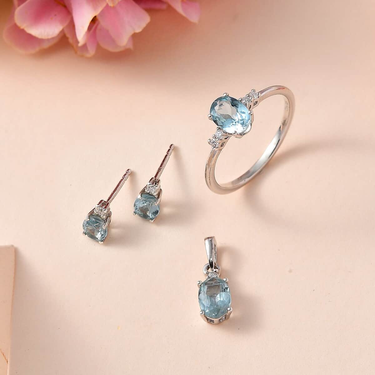 Aqua Kyanite and Moissanite Stud Earrings, Ring (Size 7.0) and Pendant in Platinum Over Sterling Silver 2.90 ctw image number 1
