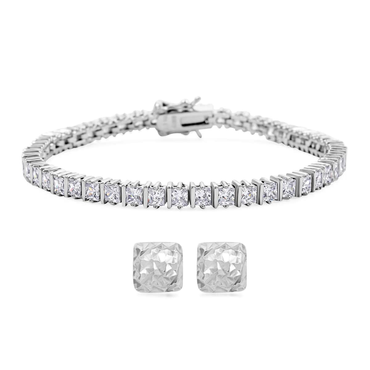 Princess Cut Simulated Diamond 13.80 ctw 3mm Tennis Bracelet (7.0 In) and Square Stud Earrings in Rhodium Over Sterling Silver image number 0