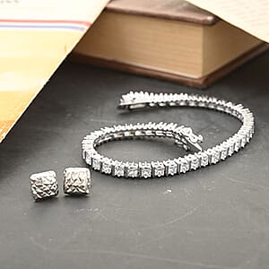 Princess Cut Simulated Diamond 13.80 ctw 3mm Tennis Bracelet (7.0 In) and Square Stud Earrings in Rhodium Over Sterling Silver