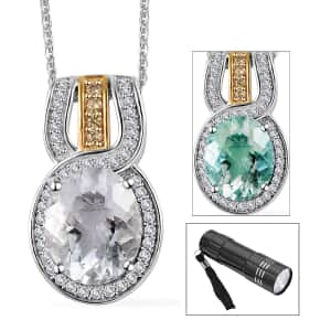 Mexican Hyalite Opal and Multi Gemstone Halo Pendant Necklace 20 Inches in Vermeil YG and Platinum Over Sterling Silver with Free UV Flash Light 2.90 ctw