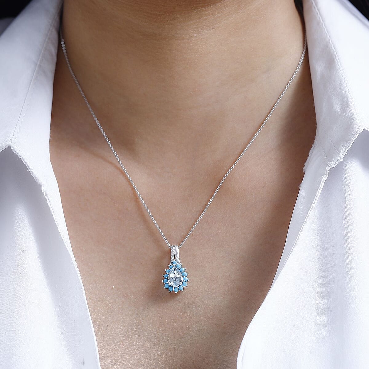 Premium Mangoro Aquamarine, Multi Gemstone Sunburst Pendant Necklace (20 Inches) in Platinum Over Sterling Silver image number 2