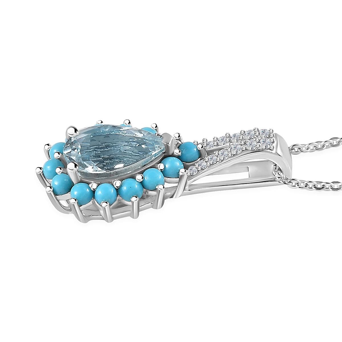 Premium Mangoro Aquamarine, Multi Gemstone Sunburst Pendant Necklace (20 Inches) in Platinum Over Sterling Silver image number 3