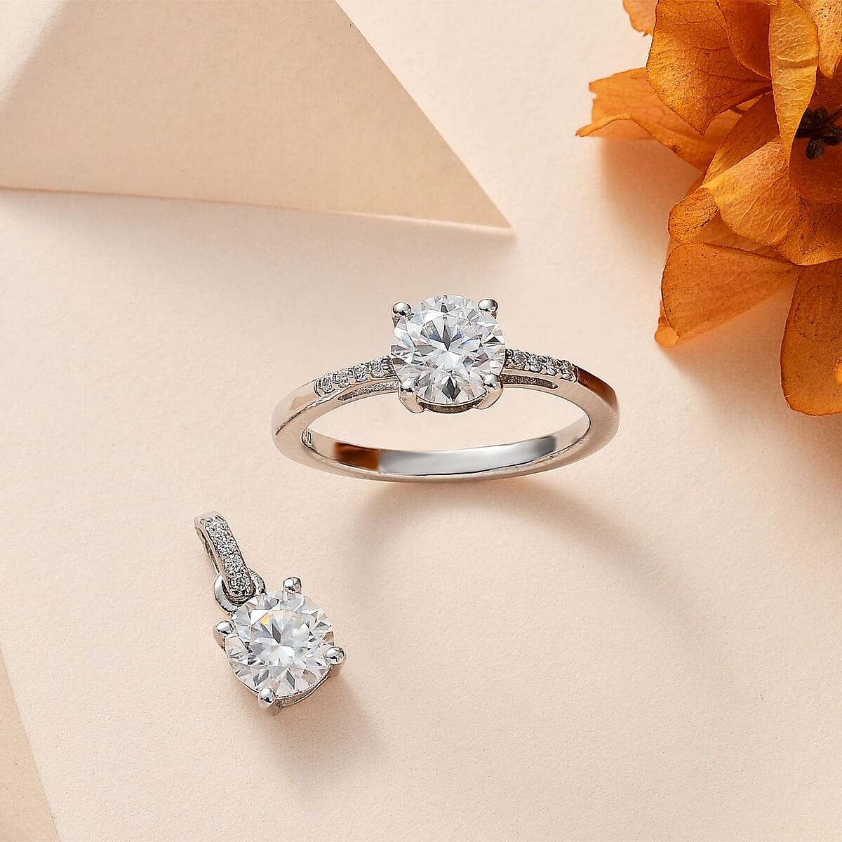 Moissanite Ring (Size 5.0) and Pendant in Platinum Over Sterling Silver 1.60 ctw image number 1