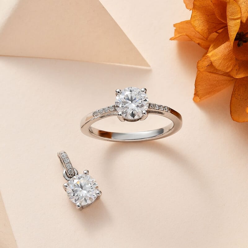Moissanite Ring (Size 5.0) and Pendant in Platinum Over Sterling Silver 1.60 ctw