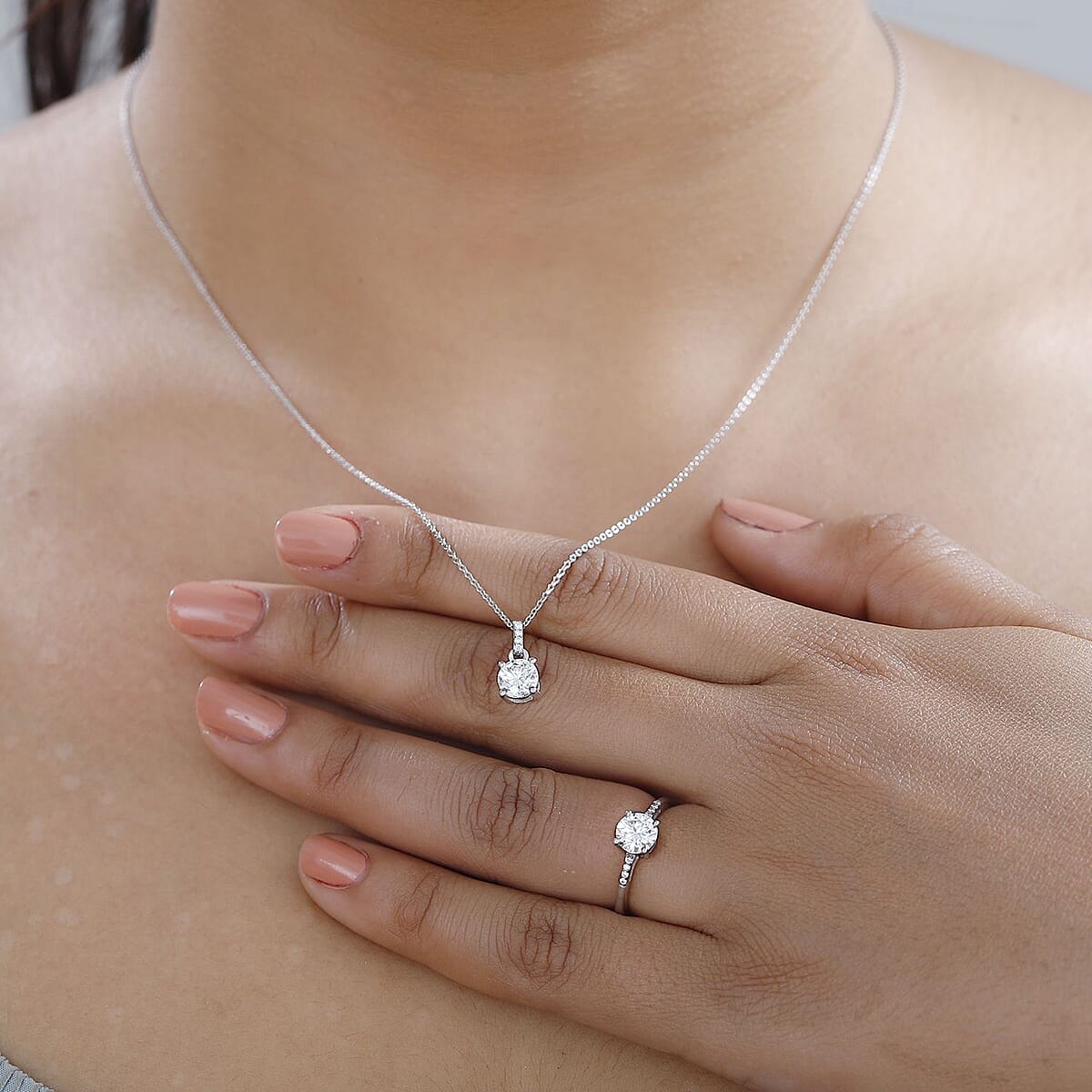 Moissanite Ring (Size 5.0) and Pendant in Platinum Over Sterling Silver 1.60 ctw image number 2