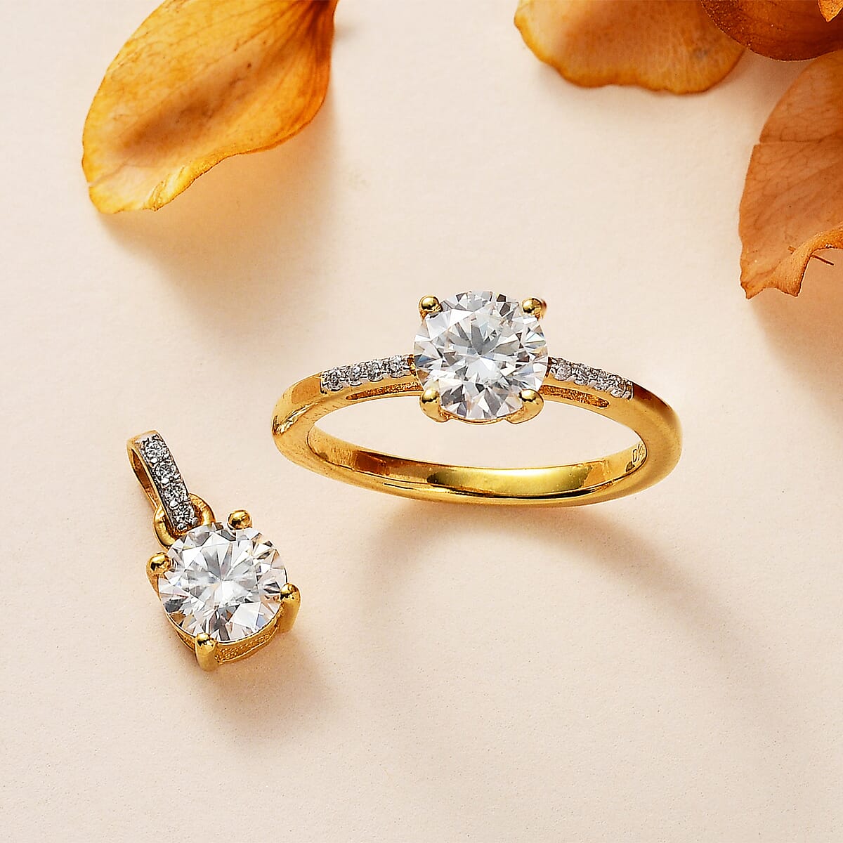Moissanite Ring (Size 8.0) and Pendant in Vermeil Yellow Gold Over Sterling Silver 1.60 ctw image number 1