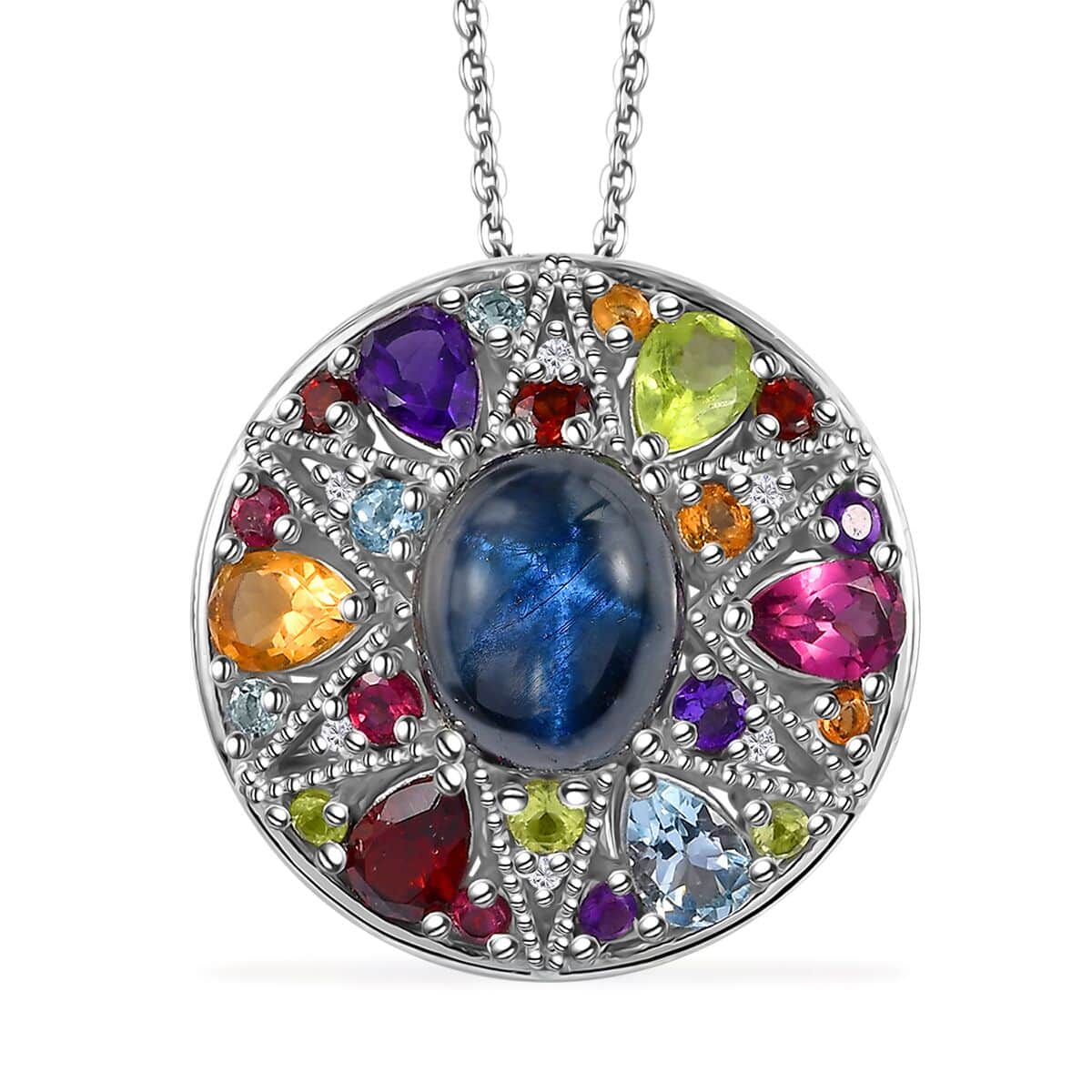 Blue Star Sapphire (DF) and Multi Gemstone Celestial Rainbow Medallion Coin Pendant Necklace 20 Inches in Platinum Over Sterling Silver 10.00 ctw image number 0