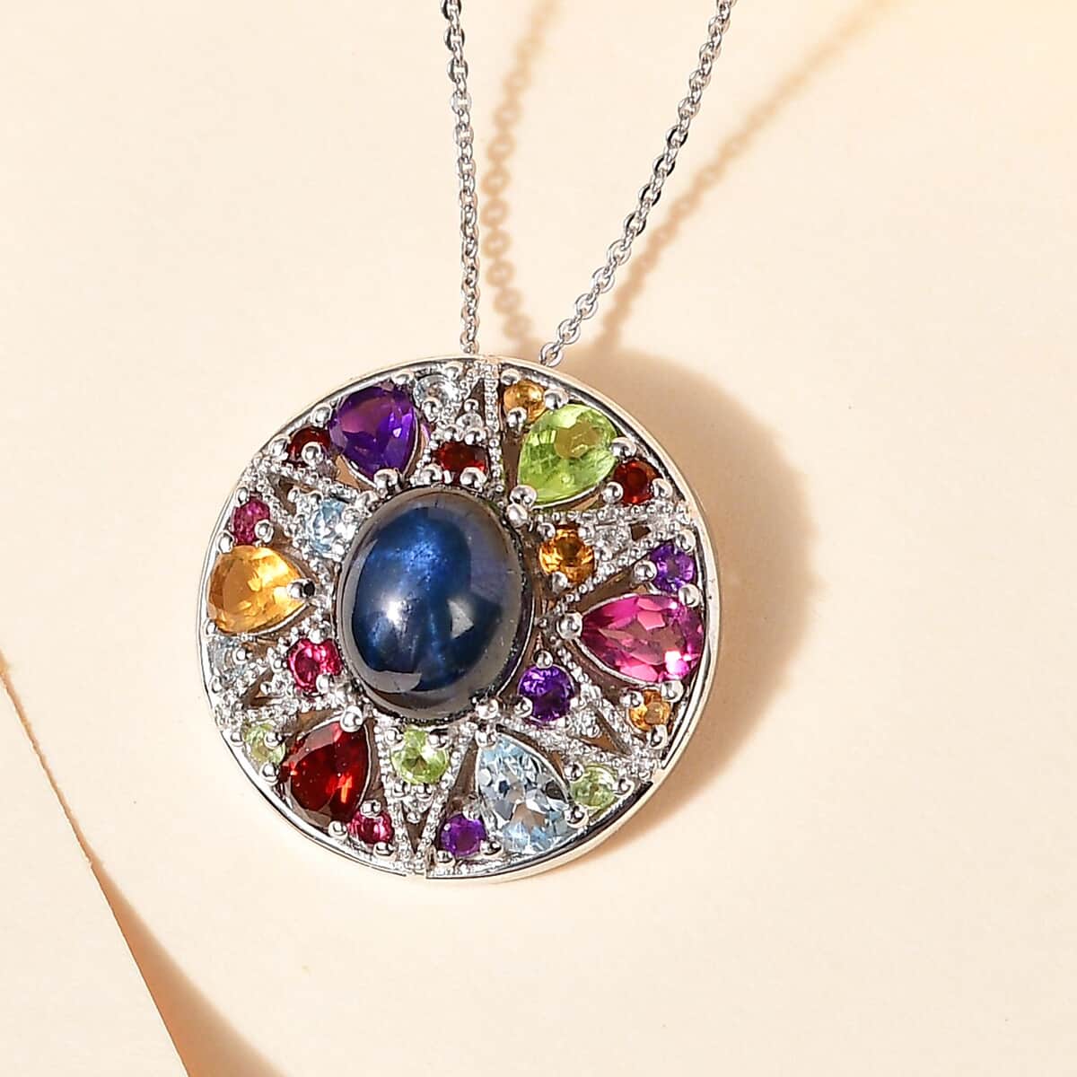Blue Star Sapphire (DF) and Multi Gemstone Celestial Rainbow Medallion Coin Pendant Necklace 20 Inches in Platinum Over Sterling Silver 10.00 ctw image number 1