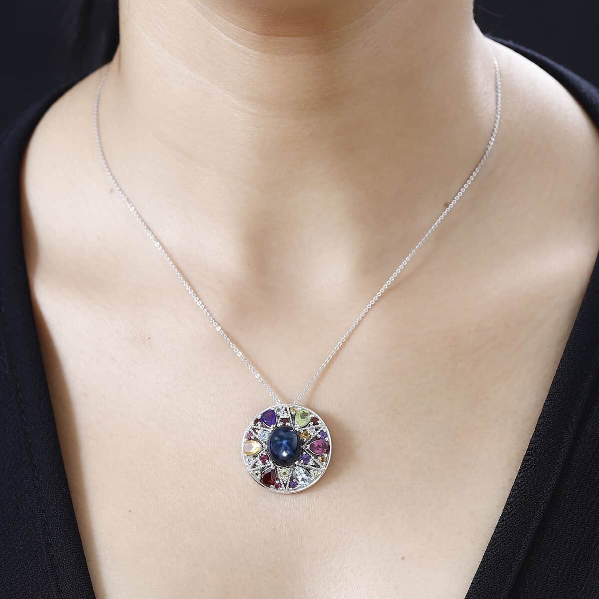 Blue Star Sapphire (DF) and Multi Gemstone Celestial Rainbow Medallion Coin Pendant Necklace 20 Inches in Platinum Over Sterling Silver 10.00 ctw image number 2
