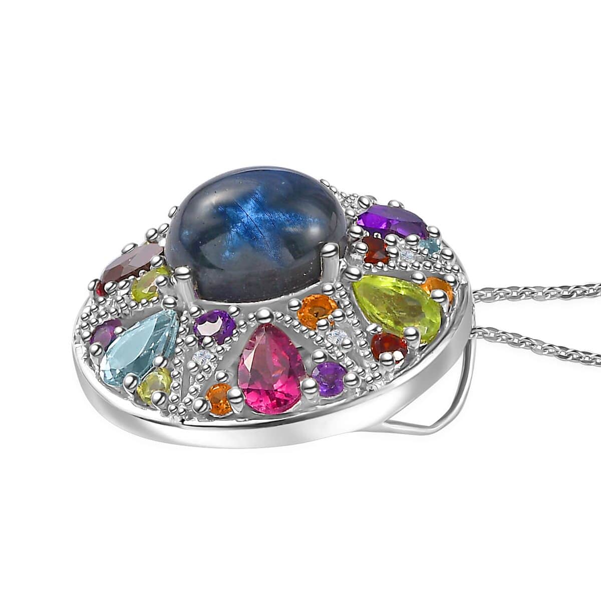 Blue Star Sapphire (DF) and Multi Gemstone Celestial Rainbow Medallion Coin Pendant Necklace 20 Inches in Platinum Over Sterling Silver 10.00 ctw image number 3