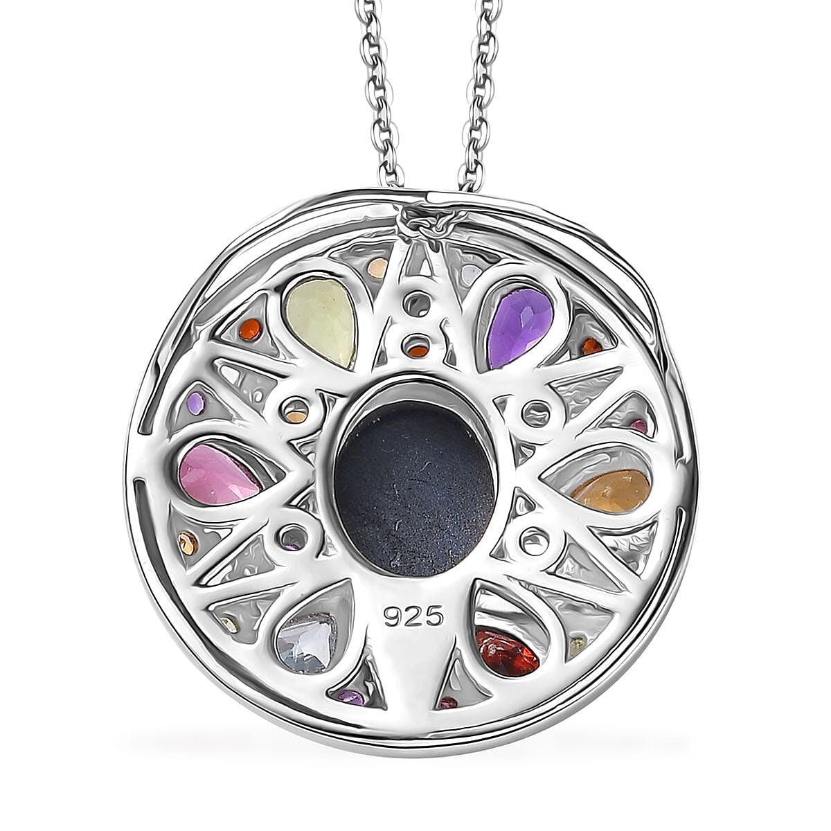 Blue Star Sapphire (DF) and Multi Gemstone Celestial Rainbow Medallion Coin Pendant Necklace 20 Inches in Platinum Over Sterling Silver 10.00 ctw