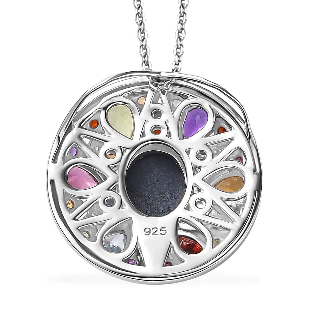 Blue Star Sapphire (DF) and Multi Gemstone Celestial Rainbow Medallion Coin Pendant Necklace 20 Inches in Platinum Over Sterling Silver 10.00 ctw image number 4