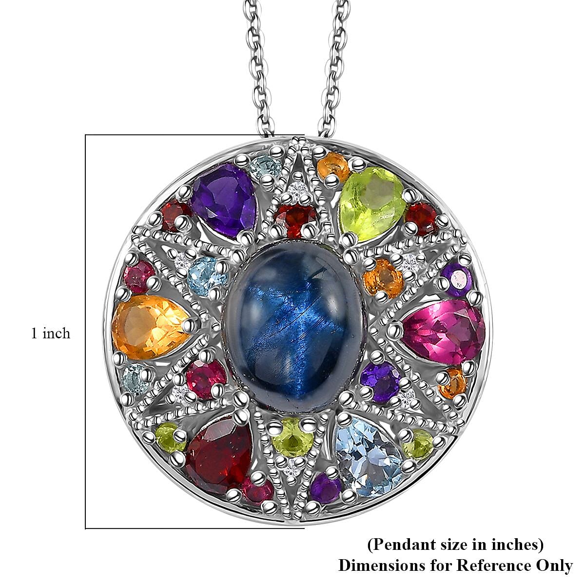 Blue Star Sapphire (DF) and Multi Gemstone Celestial Rainbow Medallion Coin Pendant Necklace 20 Inches in Platinum Over Sterling Silver 10.00 ctw