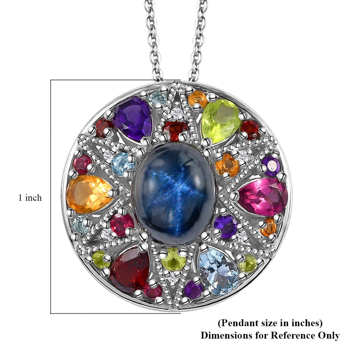 Blue Star Sapphire (DF) and Multi Gemstone Celestial Rainbow Medallion Coin Pendant Necklace 20 Inches in Platinum Over Sterling Silver 10.00 ctw image number 5