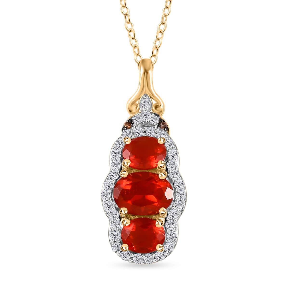 Crimson Fire Opal, Brown and White Zircon Triple Halo Pendant Necklace (20 Inches) in Vermeil YG Over Sterling Silver image number 0