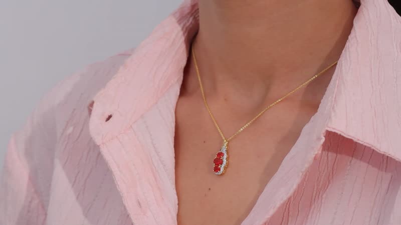 Crimson Fire Opal, Brown and White Zircon Triple Halo Pendant Necklace (20 Inches) in Vermeil YG Over Sterling Silver