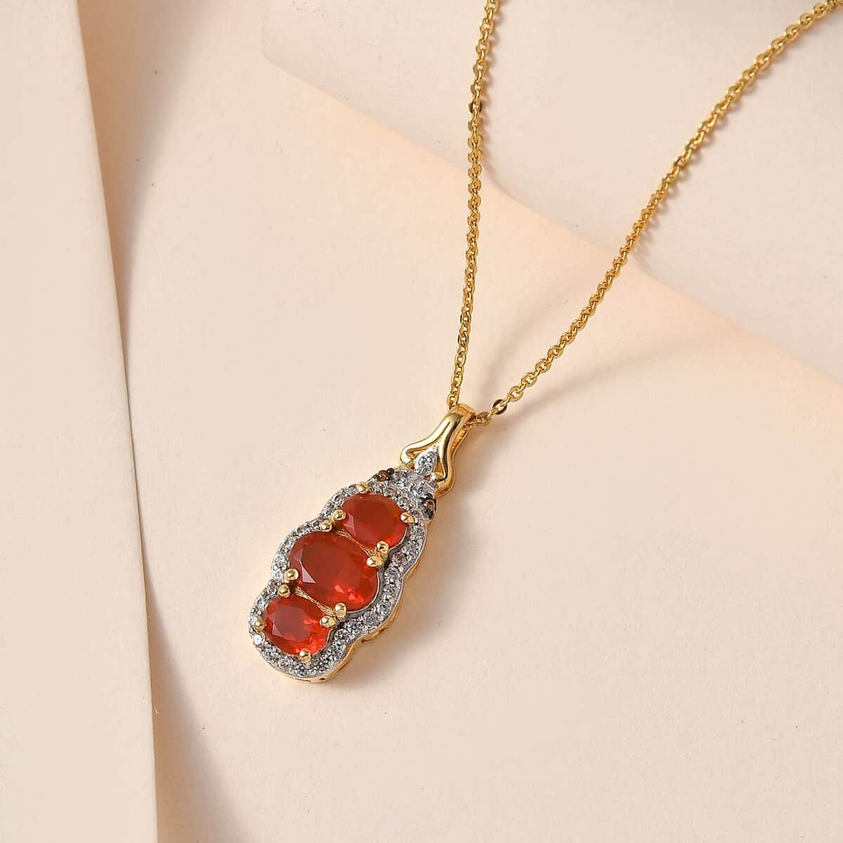 Crimson Fire Opal, Brown and White Zircon Triple Halo Pendant Necklace (20 Inches) in Vermeil YG Over Sterling Silver image number 1