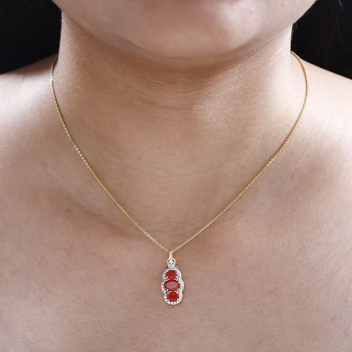 Crimson Fire Opal, Brown and White Zircon Triple Halo Pendant Necklace (20 Inches) in Vermeil YG Over Sterling Silver image number 2