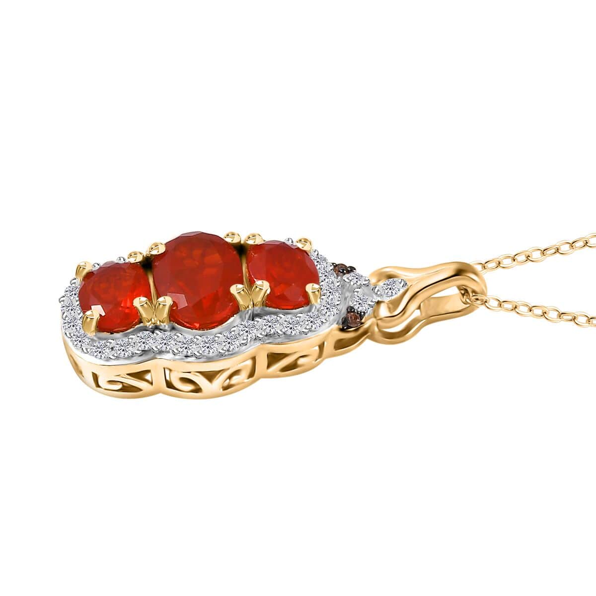Crimson Fire Opal, Brown and White Zircon Triple Halo Pendant Necklace (20 Inches) in Vermeil YG Over Sterling Silver image number 3