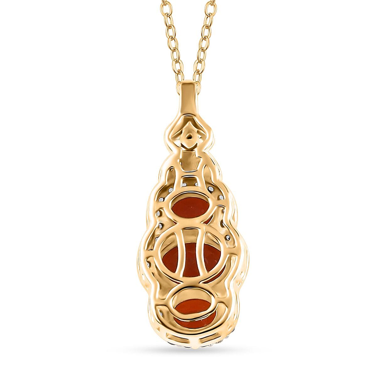 Crimson Fire Opal, Brown and White Zircon Triple Halo Pendant Necklace (20 Inches) in Vermeil YG Over Sterling Silver